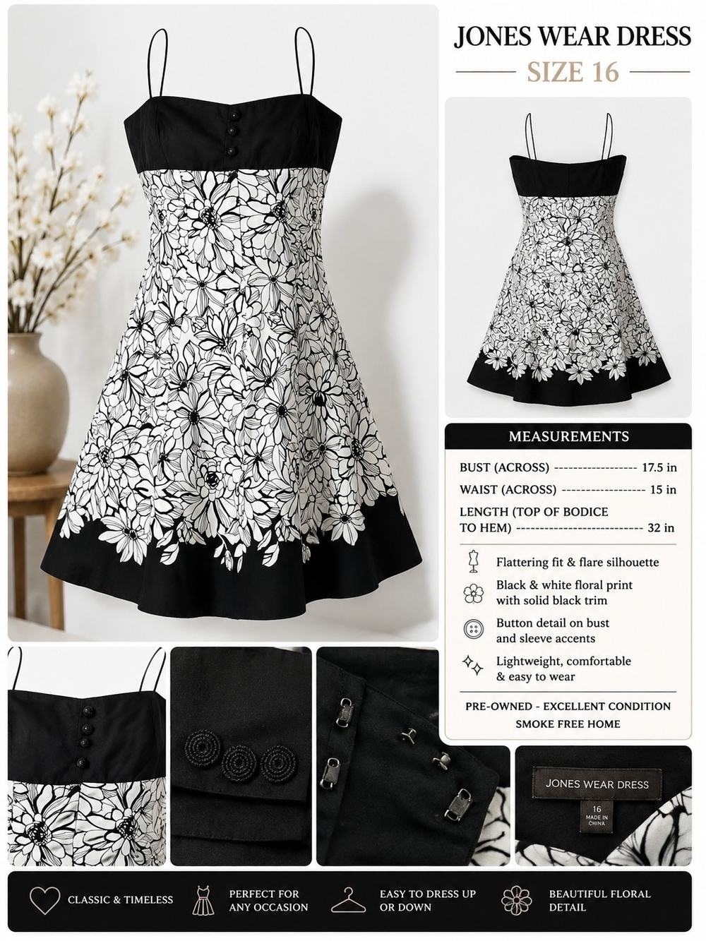 Jones New York Black and White Floral Fit-and-Flare Midi Dress size 16